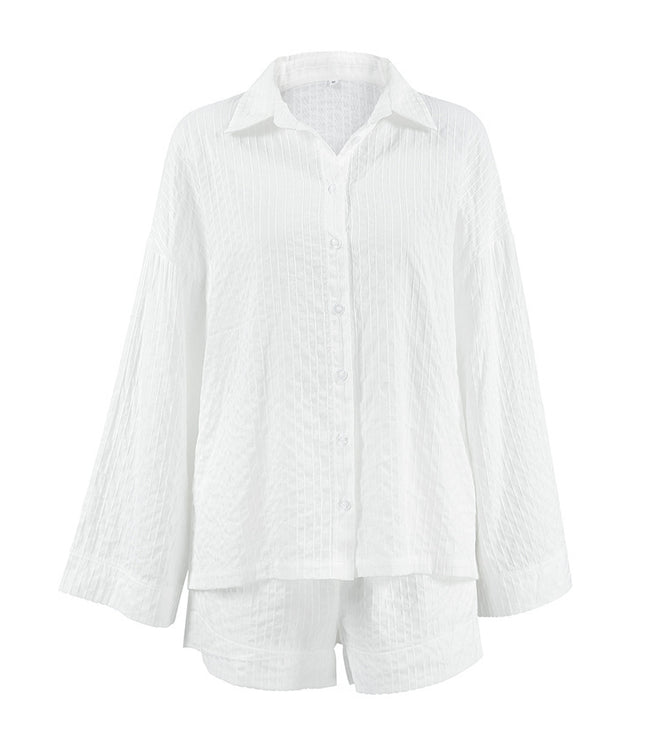 Women's White Jacquard Cotton Street Fashion Loose-fitting Long Sleeves Shirt And Shorts Two-piece Set