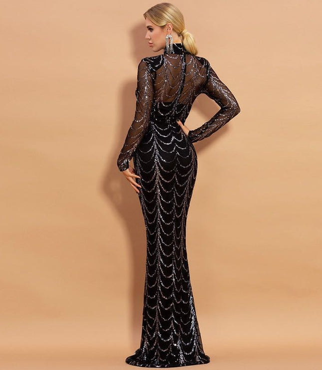 Sequins Women Maxi Dresses Long Sleeve Female Party Dresses