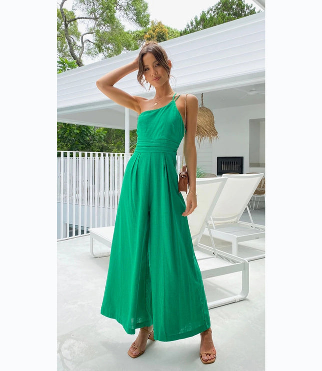 New Solid Color Loose Wide-leg Cotton And Linen Jumpsuit