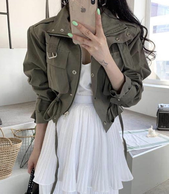 Short Work Jacket With Pocket Drawstring Waist