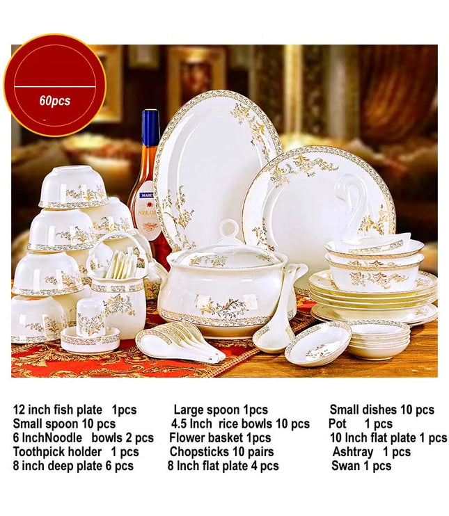60 Heads jingdezhen ceramics chinese dishes dish set Tableware посуда Soup Bowl Salad Noodles Bowl Plate Dinnerware Sets