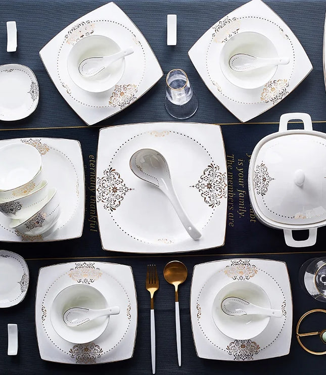 Wholesale Ceramic Plate Dinnerware 60 Pieces Luxury Gold Rim Bone China Dinner Sets