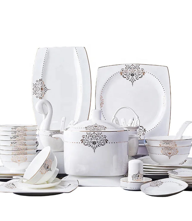 Wholesale Ceramic Plate Dinnerware 60 Pieces Luxury Gold Rim Bone China Dinner Sets