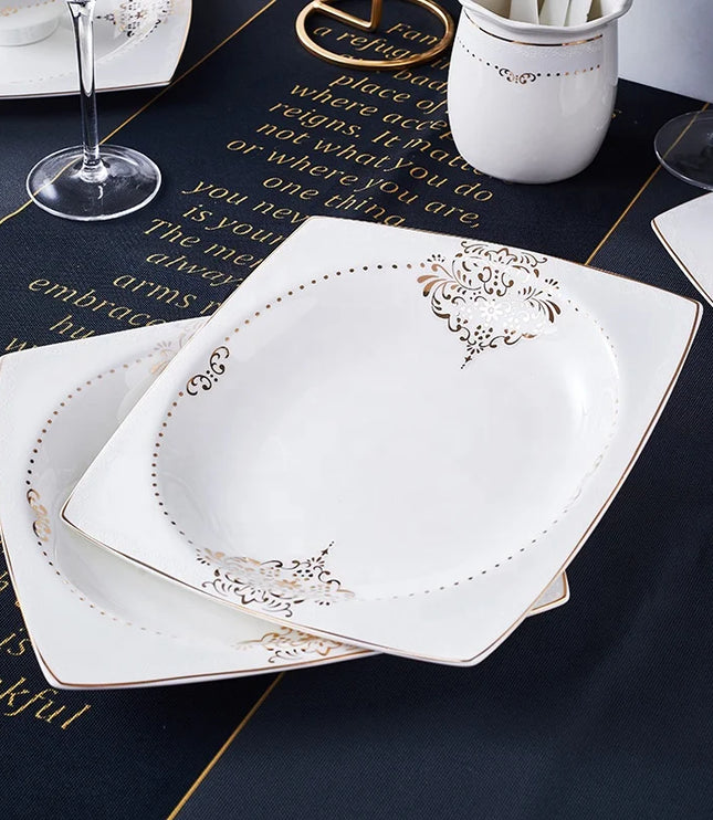 Wholesale Ceramic Plate Dinnerware 60 Pieces Luxury Gold Rim Bone China Dinner Sets