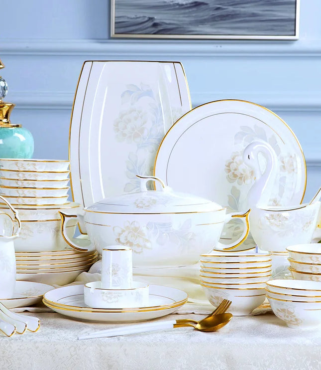 Wholesale 60 PCS Plate Bowl Dinnerware Flower Pattern Fine Bone China Dinner Sets