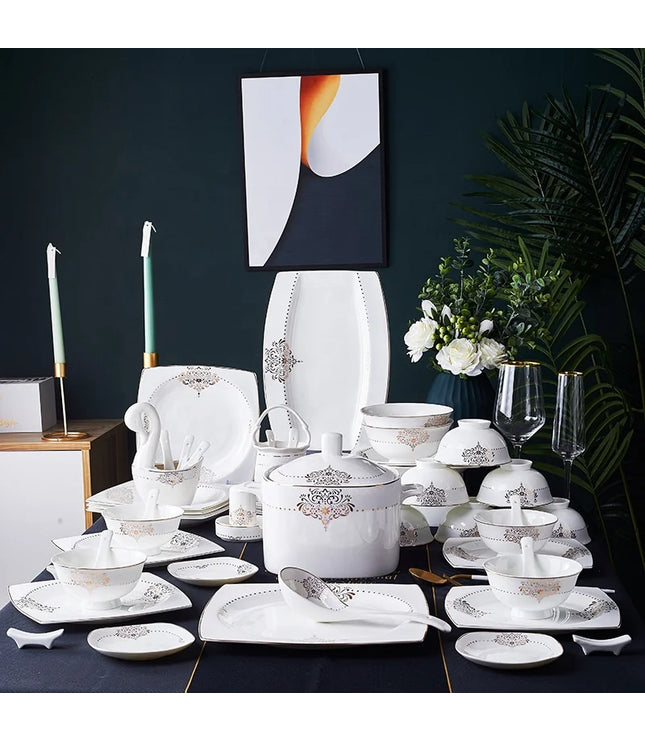 Wholesale Ceramic Plate Dinnerware 60 Pieces Luxury Gold Rim Bone China Dinner Sets