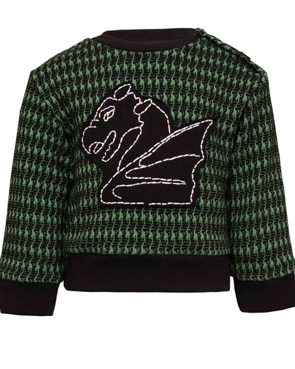 Black and green pied de poule Baby Sweatshirt with Dragon Appliqué