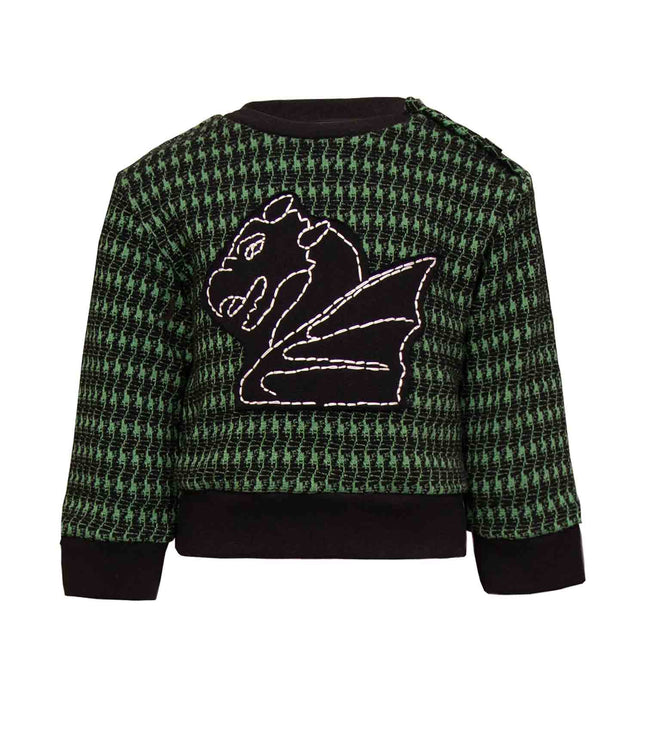 Black and green pied de poule Baby Sweatshirt with Dragon Appliqué