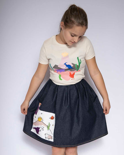 Blue Denim Skirt with Appliqué