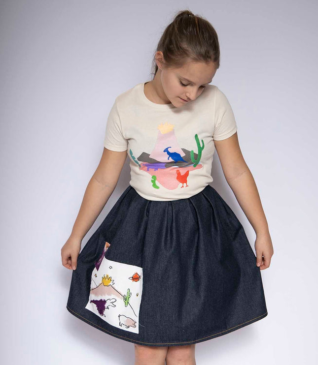 Blue Denim Skirt with Appliqué