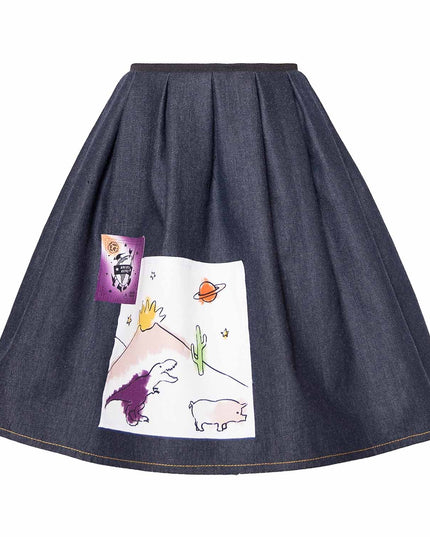 Blue Denim Skirt with Appliqué