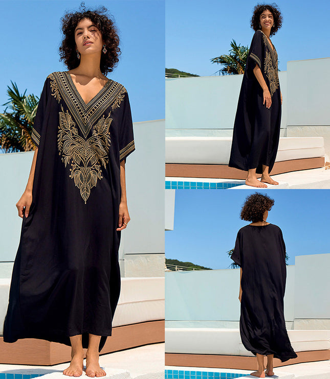 European And American Rayon Embroidered Holiday Loose Plus Size Long Dress