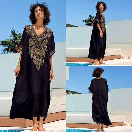 European And American Rayon Embroidered Holiday Loose Plus Size Long Dress