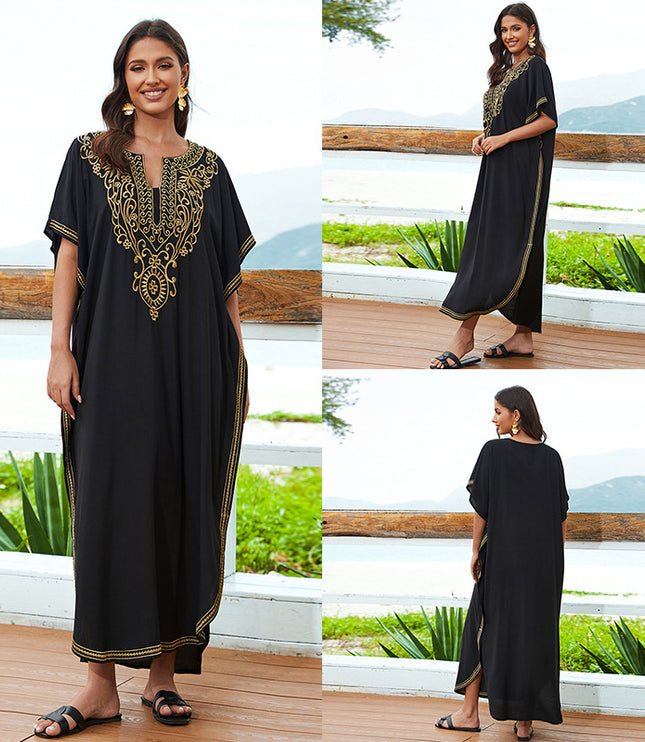European And American Rayon Embroidered Holiday Loose Plus Size Long Dress