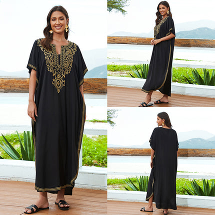 European And American Rayon Embroidered Holiday Loose Plus Size Long Dress