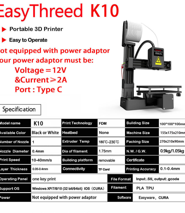EasyThreed 3D Printer K10 Entry Level Use TPU PLA 175mm