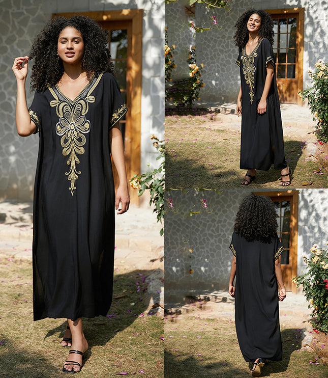 European And American Rayon Embroidered Holiday Loose Plus Size Long Dress