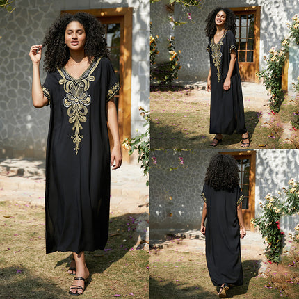 European And American Rayon Embroidered Holiday Loose Plus Size Long Dress