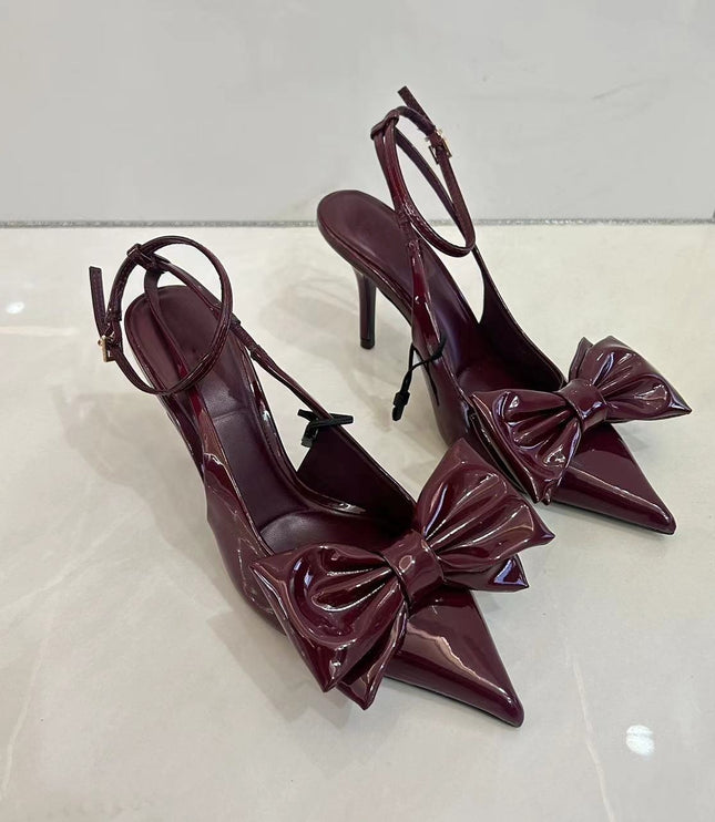 Red Bowknot Decoration High Heels Women's French Style Pointed-toe Hollowed Mixed Stiletto Heel Sandals