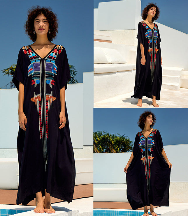 European And American Rayon Embroidered Holiday Loose Plus Size Long Dress