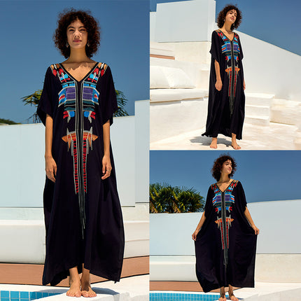 European And American Rayon Embroidered Holiday Loose Plus Size Long Dress