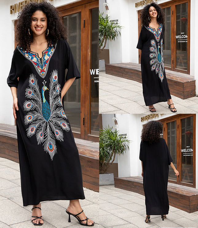 European And American Rayon Embroidered Holiday Loose Plus Size Long Dress