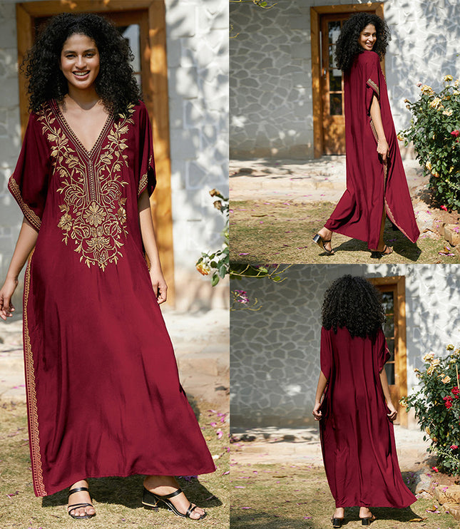 European And American Rayon Embroidered Holiday Loose Plus Size Long Dress