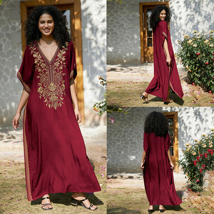 European And American Rayon Embroidered Holiday Loose Plus Size Long Dress