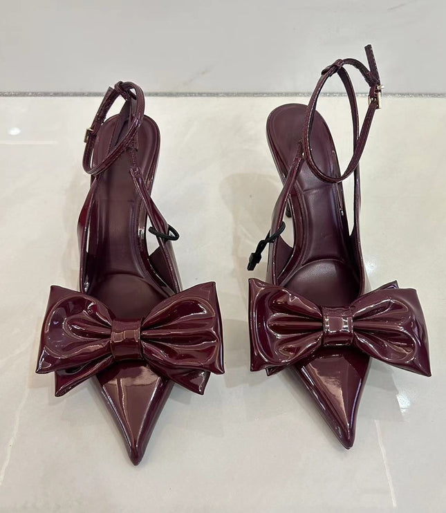Red Bowknot Decoration High Heels Women's French Style Pointed-toe Hollowed Mixed Stiletto Heel Sandals