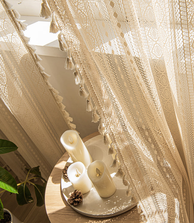 Wood Color Lace Mesh Curtains Living Room Bedroom