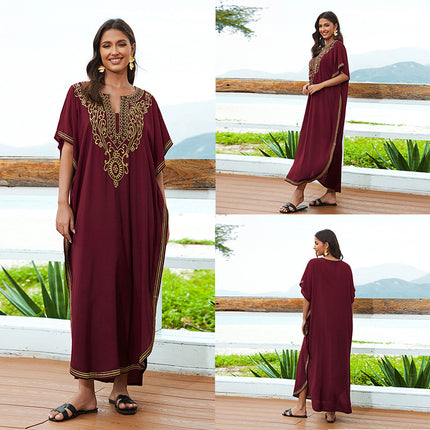 European And American Rayon Embroidered Holiday Loose Plus Size Long Dress