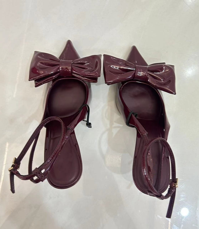 Red Bowknot Decoration High Heels Women's French Style Pointed-toe Hollowed Mixed Stiletto Heel Sandals