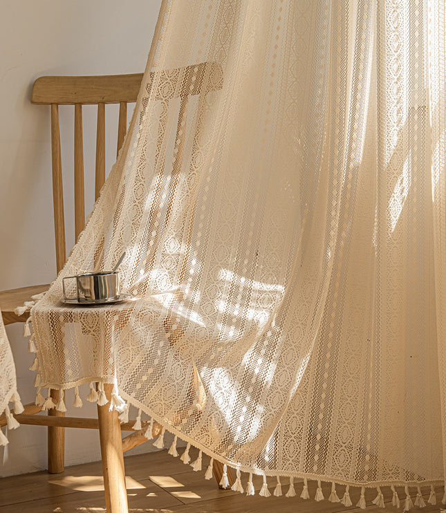 Wood Color Lace Mesh Curtains Living Room Bedroom