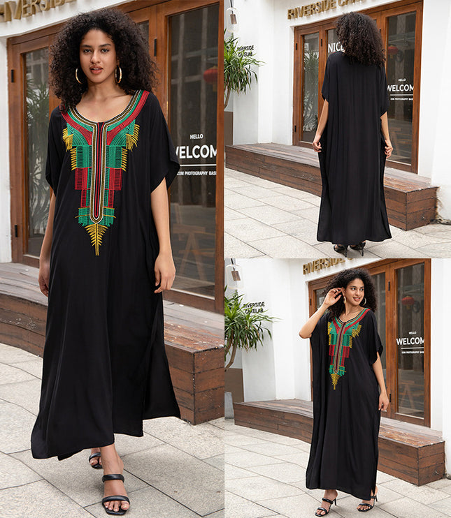 European And American Rayon Embroidered Holiday Loose Plus Size Long Dress