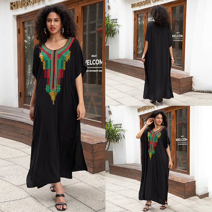 European And American Rayon Embroidered Holiday Loose Plus Size Long Dress
