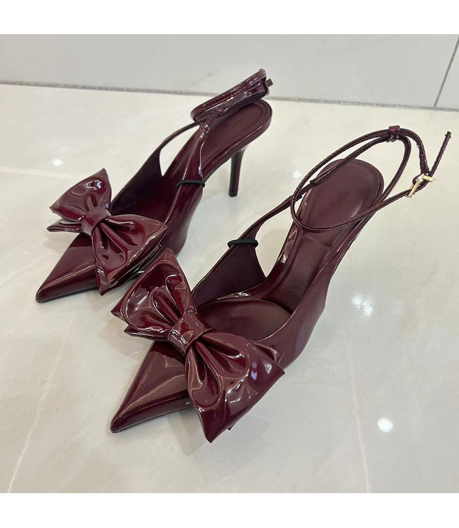 Red Bowknot Decoration High Heels Women's French Style Pointed-toe Hollowed Mixed Stiletto Heel Sandals