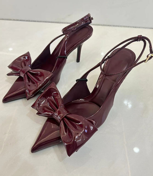 Red Bowknot Decoration High Heels Women's French Style Pointed-toe Hollowed Mixed Stiletto Heel Sandals