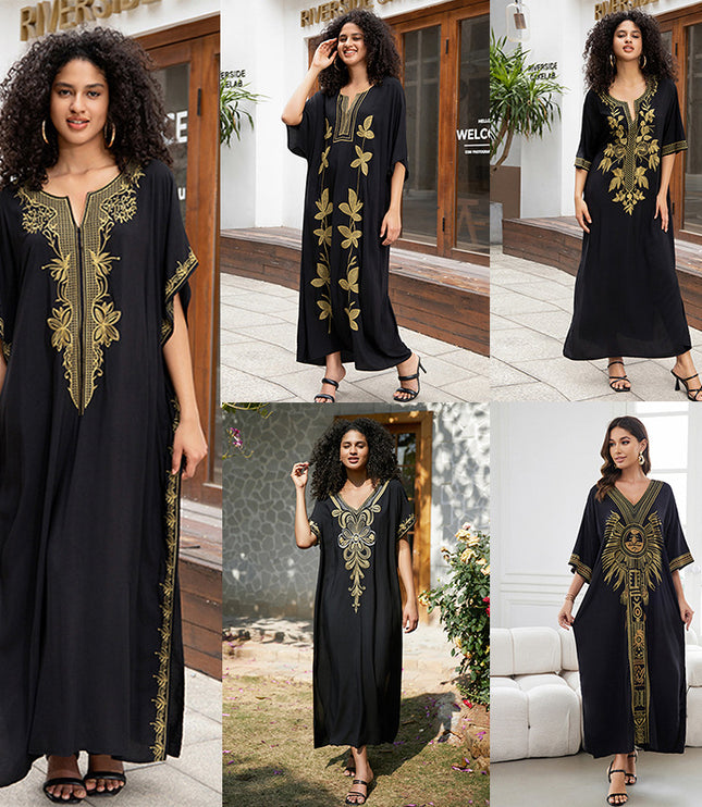 European And American Rayon Embroidered Holiday Loose Plus Size Long Dress