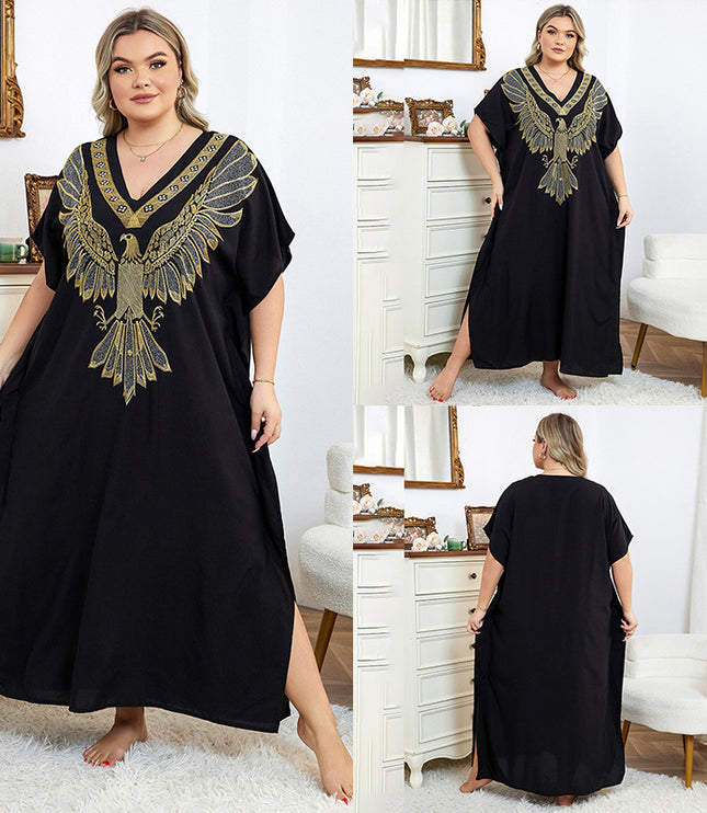 European And American Rayon Embroidered Holiday Loose Plus Size Long Dress