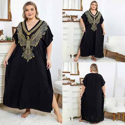 European And American Rayon Embroidered Holiday Loose Plus Size Long Dress