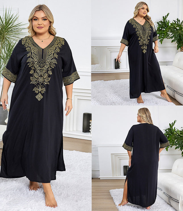European And American Rayon Embroidered Holiday Loose Plus Size Long Dress