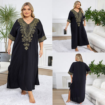 European And American Rayon Embroidered Holiday Loose Plus Size Long Dress