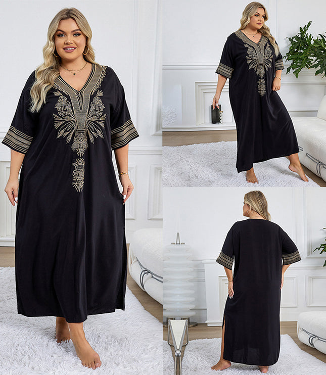 European And American Rayon Embroidered Holiday Loose Plus Size Long Dress