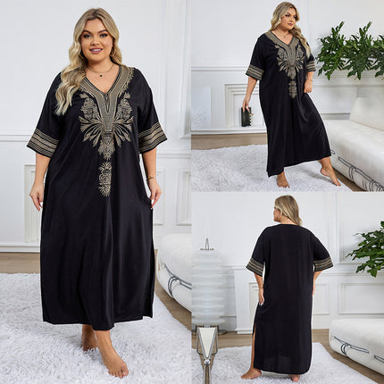 European And American Rayon Embroidered Holiday Loose Plus Size Long Dress