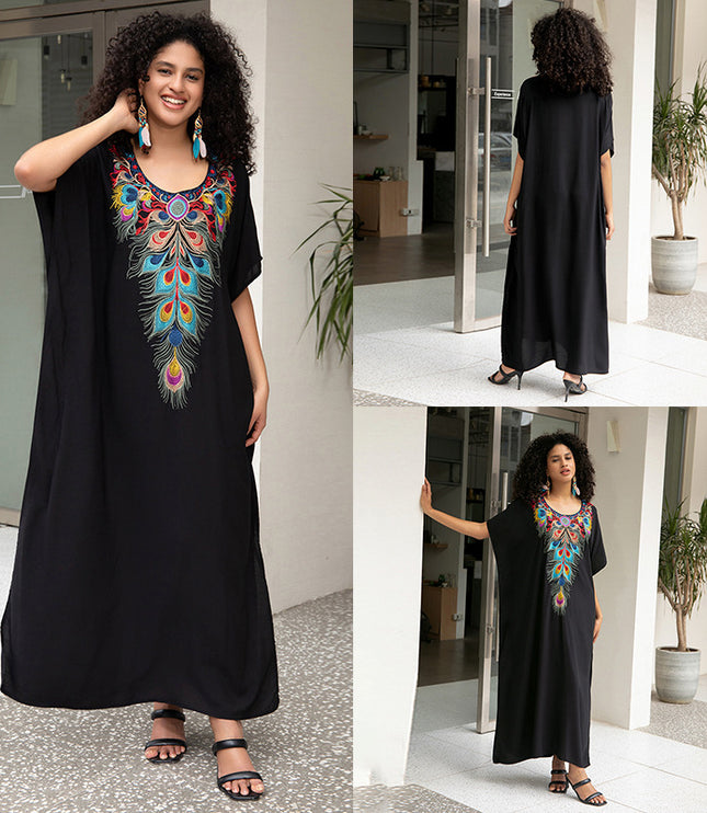 European And American Rayon Embroidered Holiday Loose Plus Size Long Dress