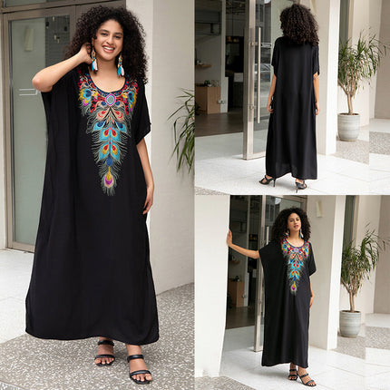 European And American Rayon Embroidered Holiday Loose Plus Size Long Dress