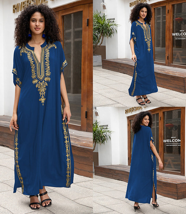 European And American Rayon Embroidered Holiday Loose Plus Size Long Dress