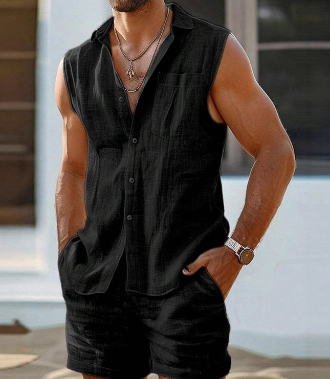 Men's Casual Stand Collar Cardigan Vest Cotton And Linen Style Suit