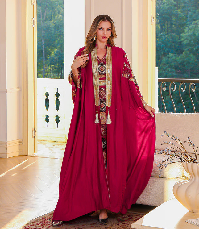 Middle East Muslim Embroidered Robe Abaya Light Luxury Evening Gown Two-piece Set Dress