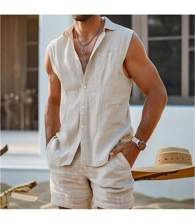 Men's Casual Stand Collar Cardigan Vest Cotton And Linen Style Suit